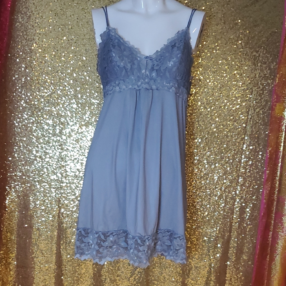 La Vie En Rose Dusty Blue Lace-Trim Chemise